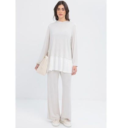 Modefa Modest Clothing Set Modern Muslim Women's Pleated Poise Lounge Tunic and Wide Leg Pants - M30096 Stone Beige