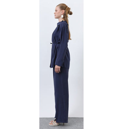 Modefa Modest Clothing Set Modern Muslim Women's Side Cowl Neckline Tunic & Pant Set - M20677 Navy Blue