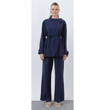 Modefa Modest Clothing Set Modern Muslim Women's Side Cowl Neckline Tunic & Pant Set - M20677 Navy Blue