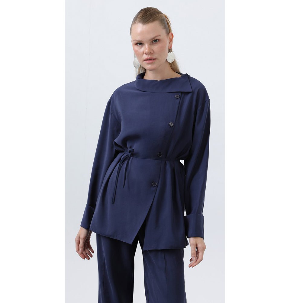 Modefa Modest Clothing Set Modern Muslim Women's Side Cowl Neckline Tunic & Pant Set - M20677 Navy Blue