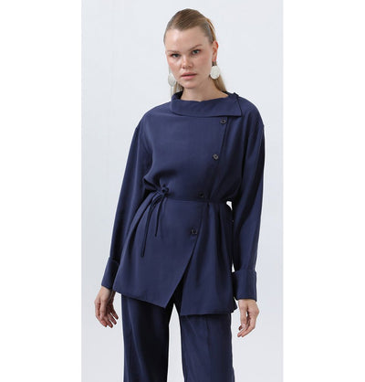 Modefa Modest Clothing Set Modern Muslim Women's Side Cowl Neckline Tunic & Pant Set - M20677 Navy Blue
