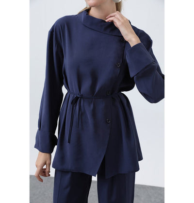 Modefa Modest Clothing Set Modern Muslim Women's Side Cowl Neckline Tunic & Pant Set - M20677 Navy Blue