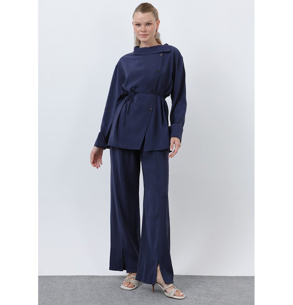 Modefa Modest Clothing Set Modern Muslim Women's Side Cowl Neckline Tunic & Pant Set - M20677 Navy Blue