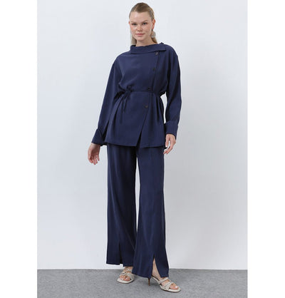 Modefa Modest Clothing Set Modern Muslim Women's Side Cowl Neckline Tunic & Pant Set - M20677 Navy Blue