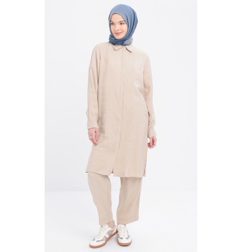 Modefa Modest Clothing Set Modern Muslim Women's Side Pleated Co-ord Set - M30086 Beige