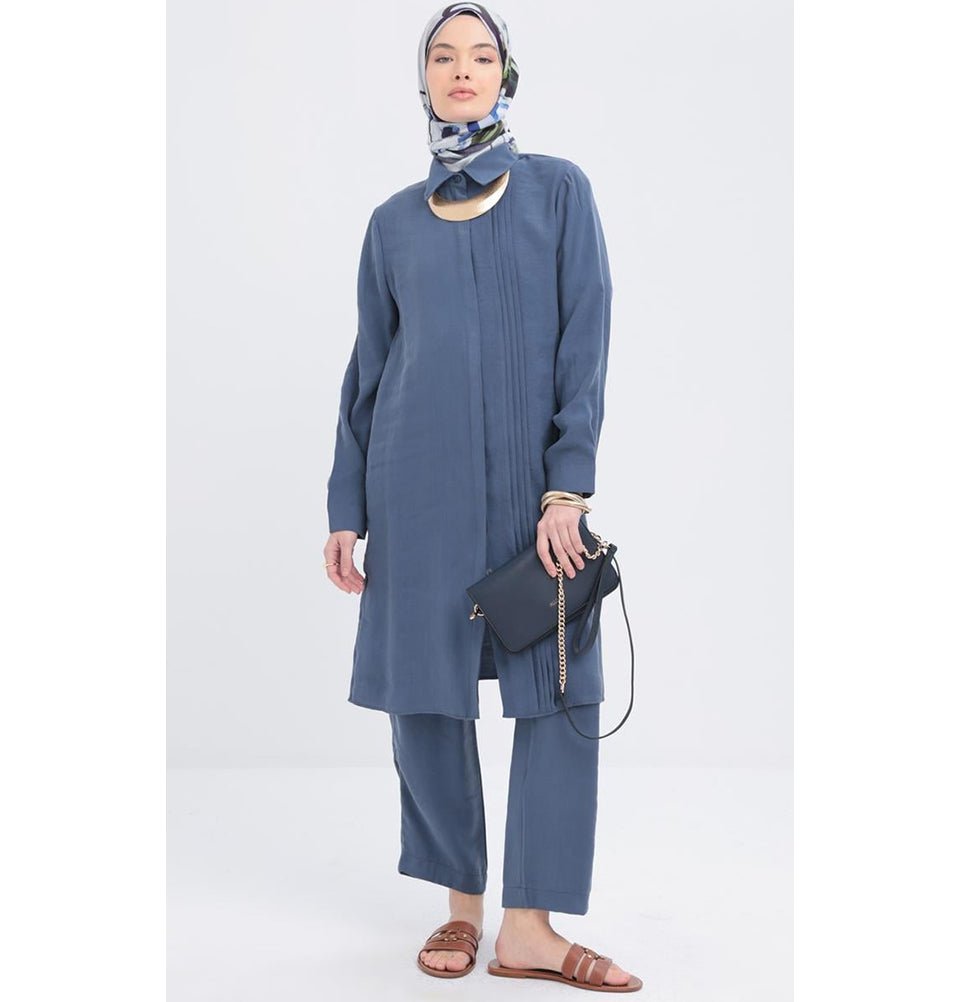 Modefa Modest Clothing Set Modern Muslim Women's Side Pleated Co-ord set - M30086 Indigo Blue