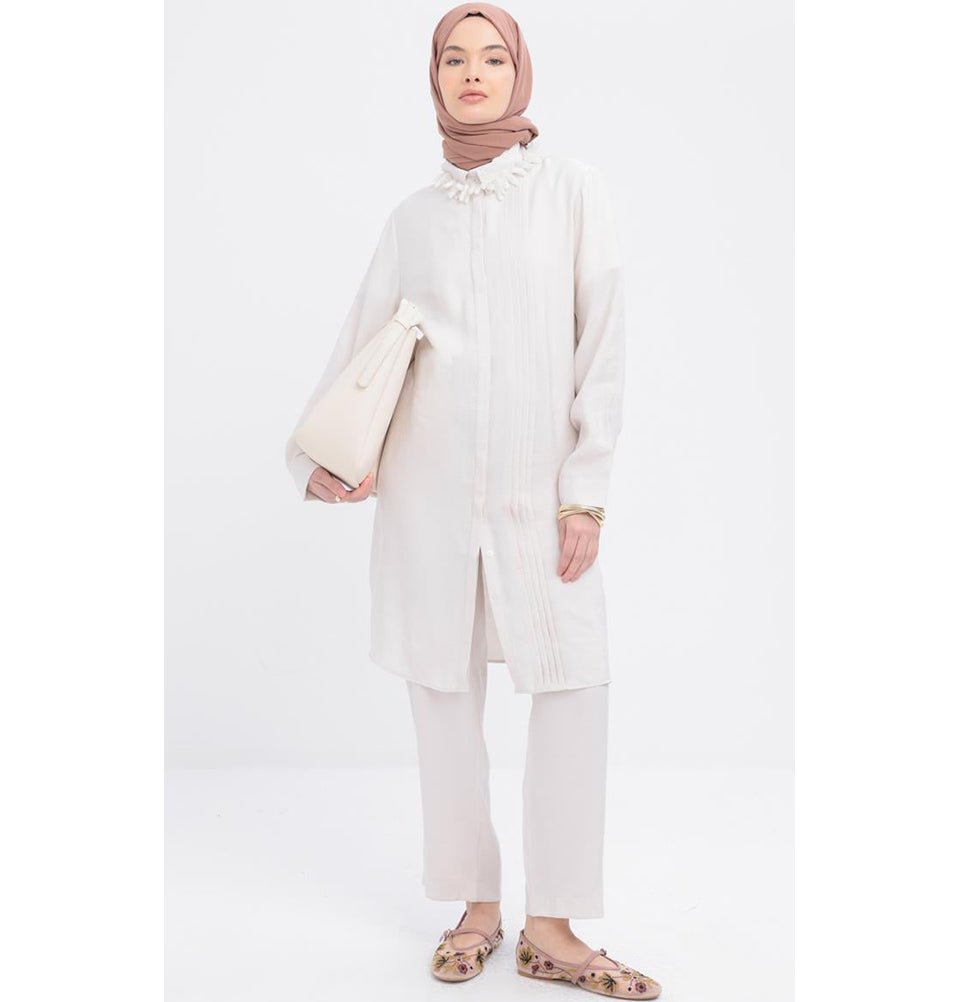 Modefa Modest Clothing Set Modern Muslim Women's Side Pleated Co-ord Set - M30086 Stone Beige