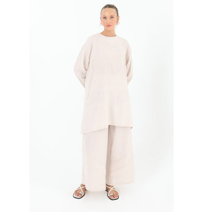 Modefa Modest Clothing Set Modern Muslim Women's ZigZag Sequins Tunic with Wide Legged Pants - 14234 Beige