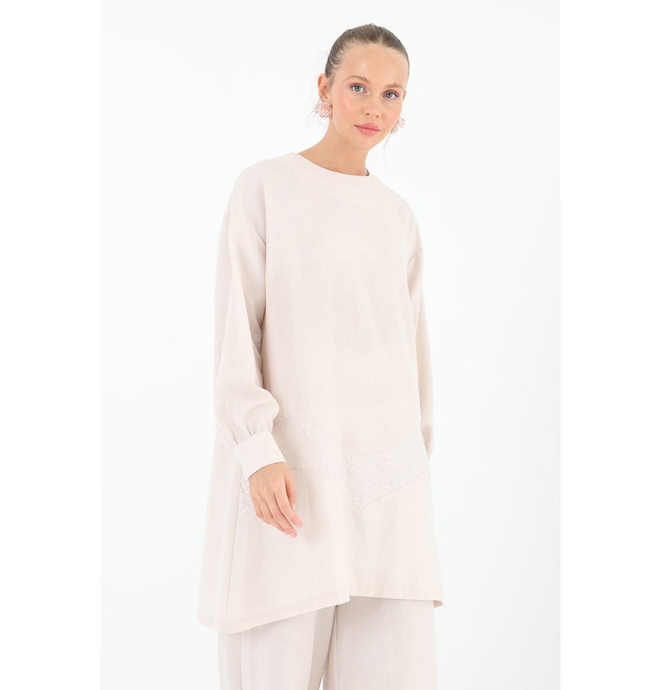 Modefa Modest Clothing Set Modern Muslim Women's ZigZag Sequins Tunic with Wide Legged Pants - 14234 Beige