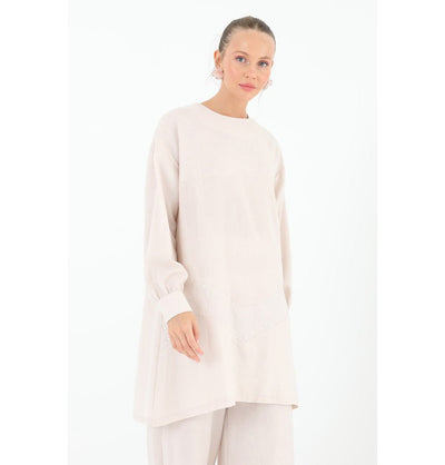 Modefa Modest Clothing Set Modern Muslim Women's ZigZag Sequins Tunic with Wide Legged Pants - 14234 Beige