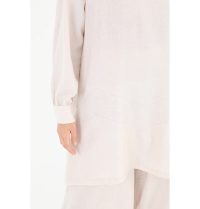 Modefa Modest Clothing Set Modern Muslim Women's ZigZag Sequins Tunic with Wide Legged Pants - 14234 Beige