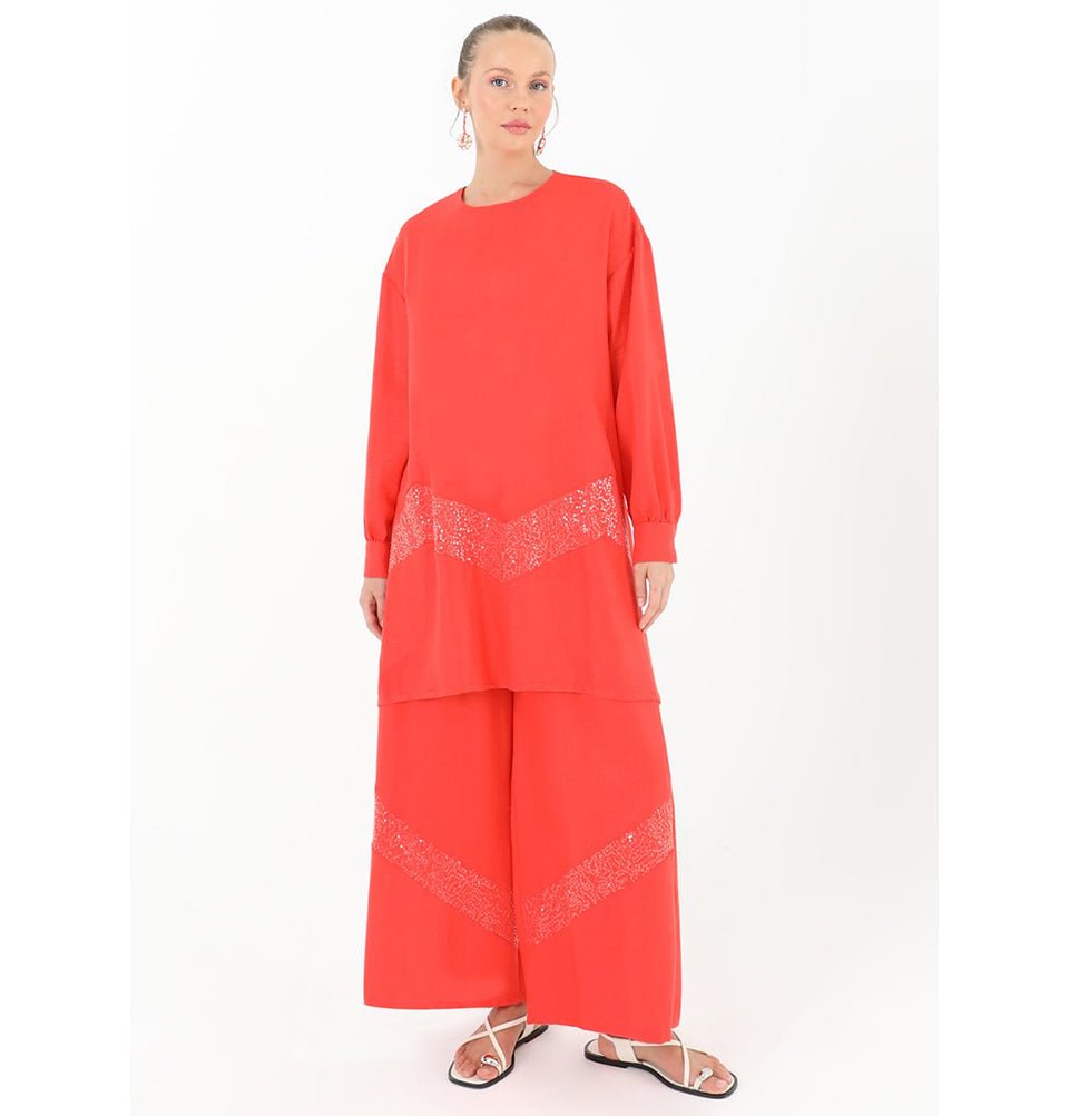 Modefa Modest Clothing Set Modern Muslim Women's ZigZag Sequins Tunic with Wide Legged Pants - 14234 Orange
