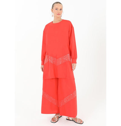 Modefa Modest Clothing Set Modern Muslim Women's ZigZag Sequins Tunic with Wide Legged Pants - 14234 Orange