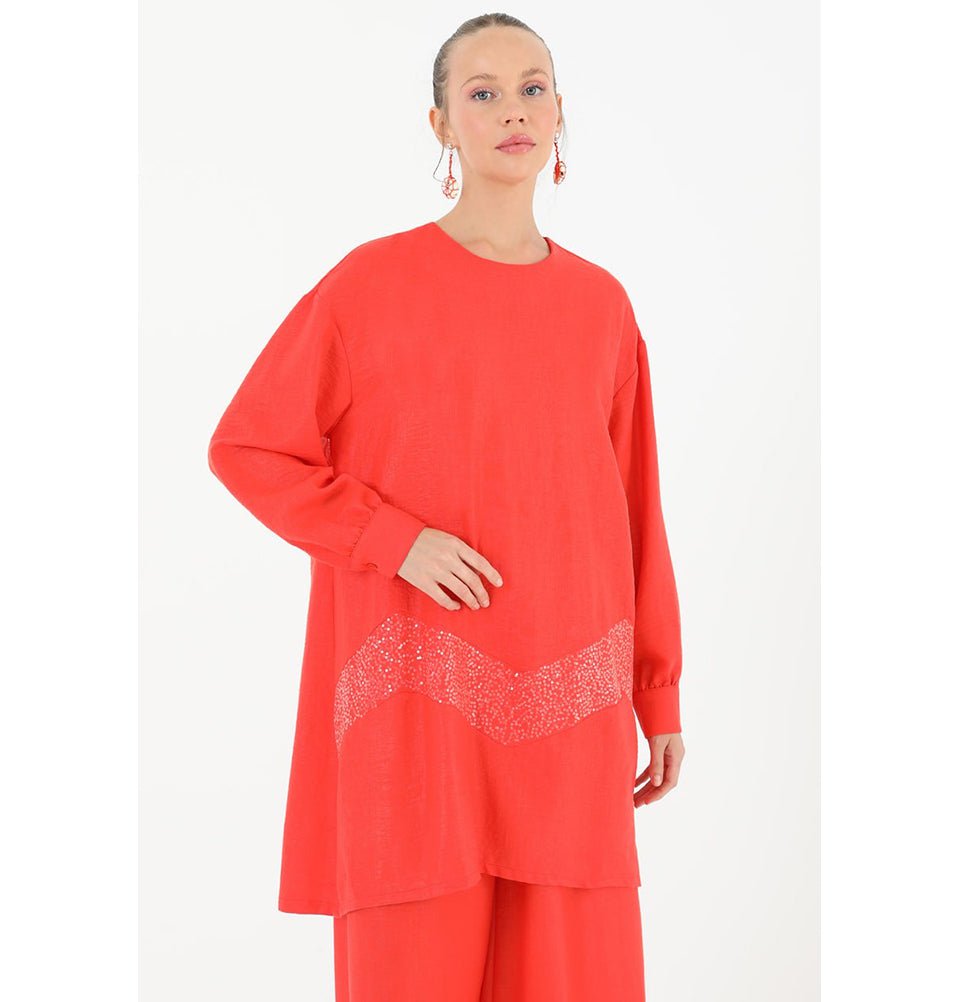 Modefa Modest Clothing Set Modern Muslim Women's ZigZag Sequins Tunic with Wide Legged Pants - 14234 Orange