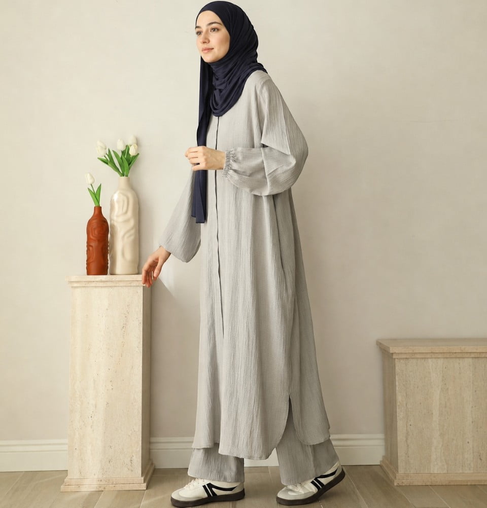 Modest Muslim Woman Long Tunic with Pants - 3384 Light Grey