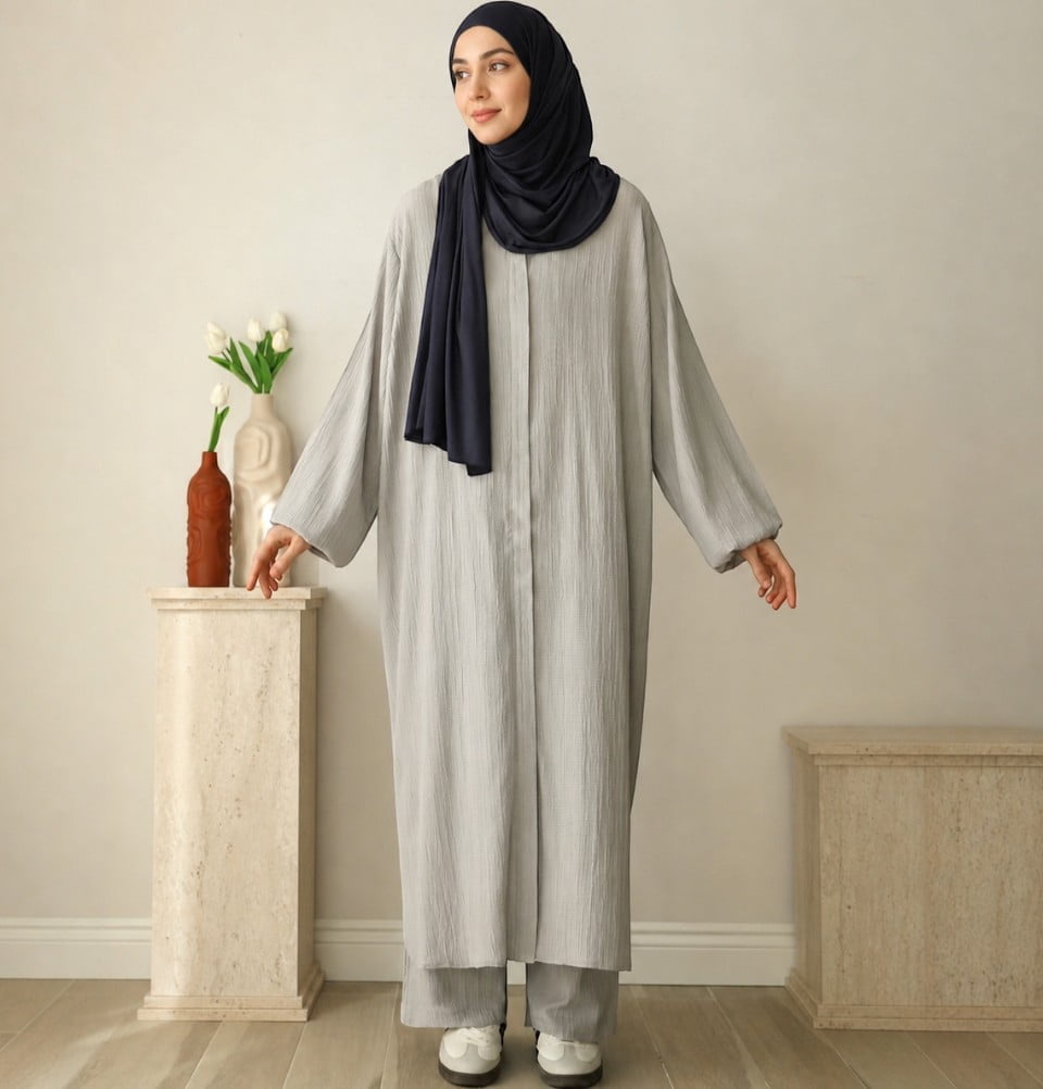Modest Muslim Woman Long Tunic with Pants - 3384 Light Grey