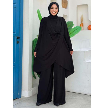 Modefa Modest Clothing Set Modest Muslim Woman's Swoop Tunic with Pants - 8552 Black