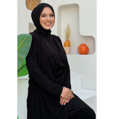 Modefa Modest Clothing Set Modest Muslim Woman's Swoop Tunic with Pants - 8552 Black