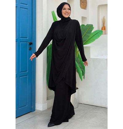 Modefa Modest Clothing Set Modest Muslim Woman's Swoop Tunic with Pants - 8552 Black