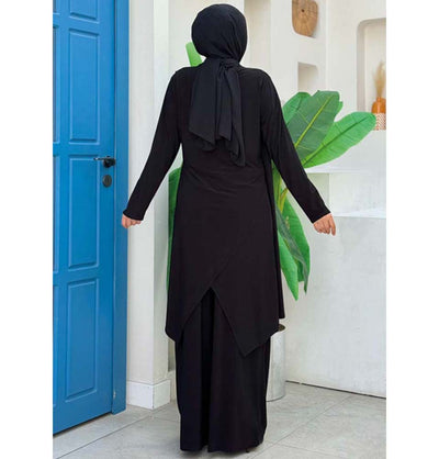 Modefa Modest Clothing Set Modest Muslim Woman's Swoop Tunic with Pants - 8552 Black