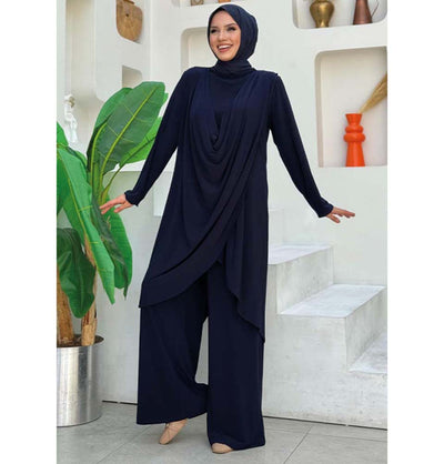 Modefa Modest Clothing Set Modest Muslim Woman's Swoop Tunic with Pants - 8552 Navy Blue