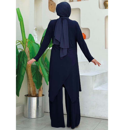 Modefa Modest Clothing Set Modest Muslim Woman's Swoop Tunic with Pants - 8552 Navy Blue