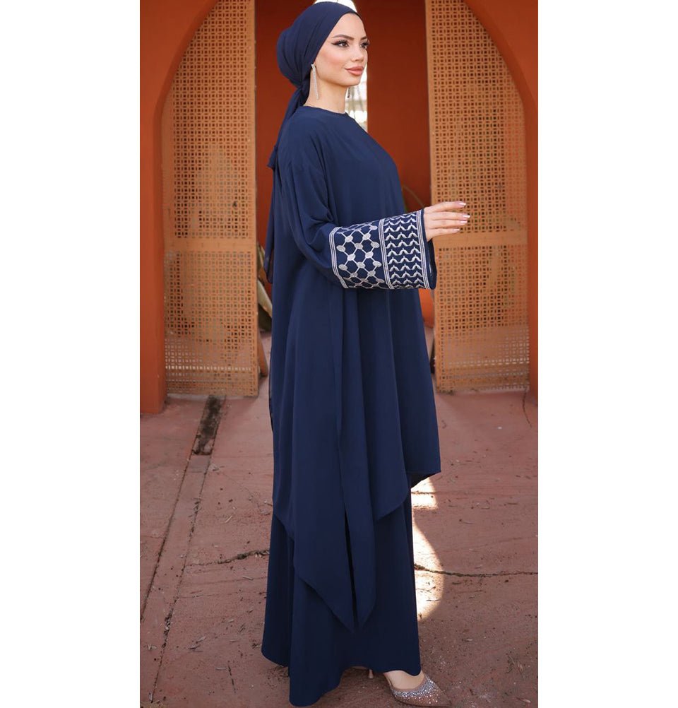 Modefa Modest Clothing Set Modest Muslim Woman's Two Piece Keffiyah Inspired Skirt Set - Navy Blue