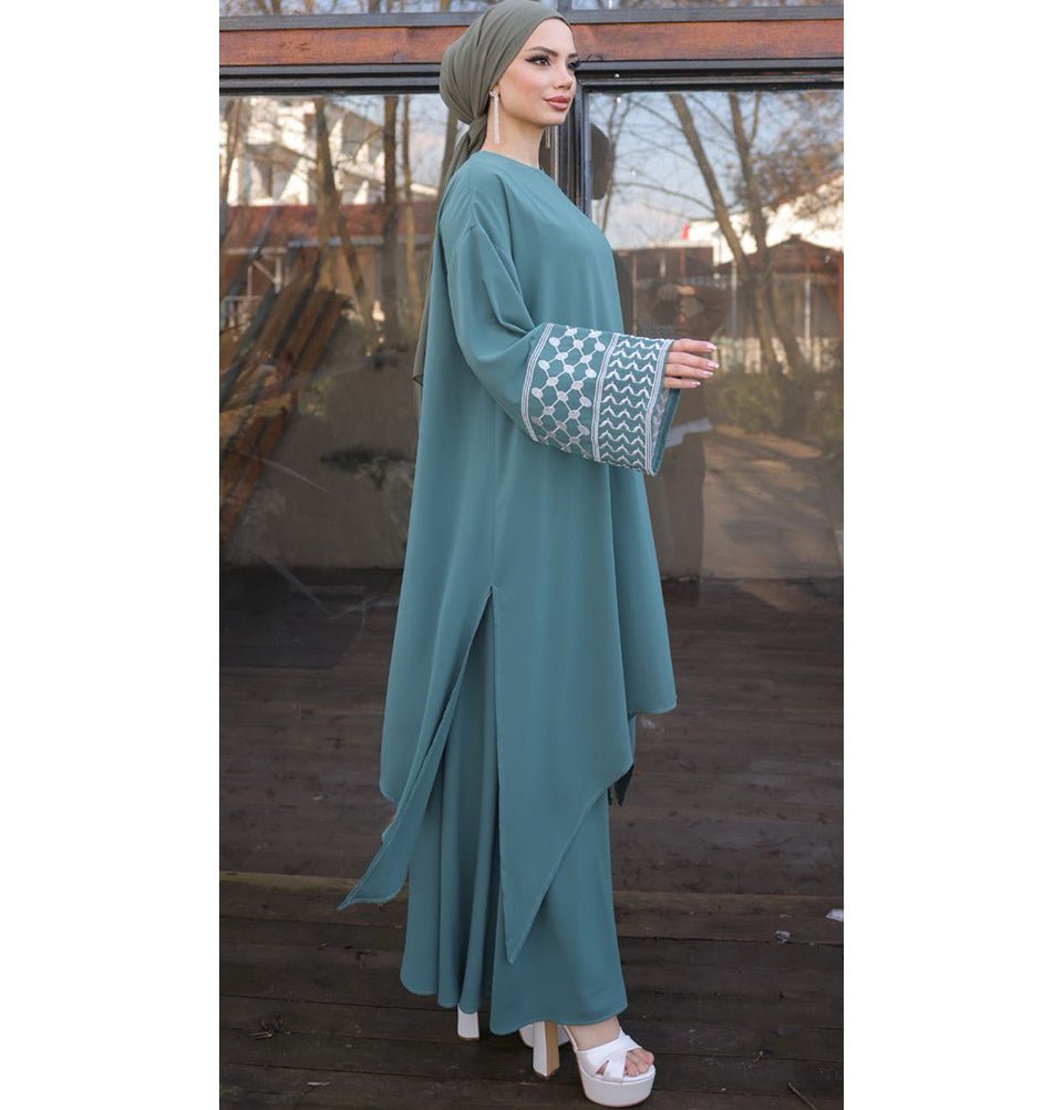 Modefa Modest Clothing Set Modest Muslim Woman's Two Piece Keffiyah Inspired Skirt Set - Sage Green