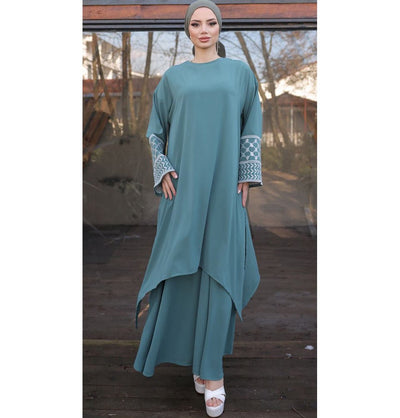 Modefa Modest Clothing Set Modest Muslim Woman's Two Piece Keffiyah Inspired Skirt Set - Sage Green