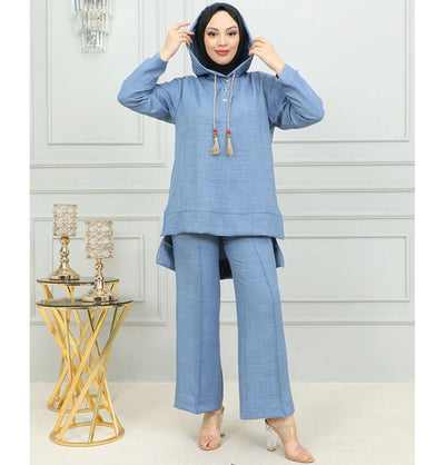 Modefa Modest Clothing Set Modest Muslim Women's Boho Hooded Tunic with Pants - 2492 Denim Blue