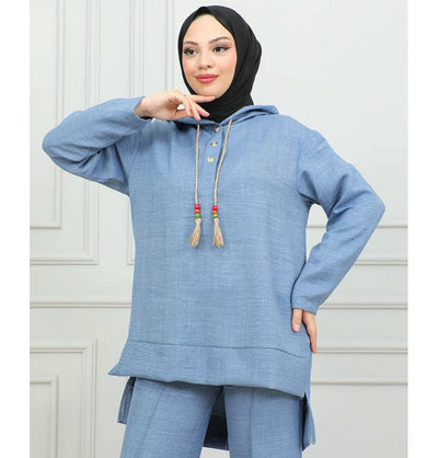 Modefa Modest Clothing Set Modest Muslim Women's Boho Hooded Tunic with Pants - 2492 Denim Blue