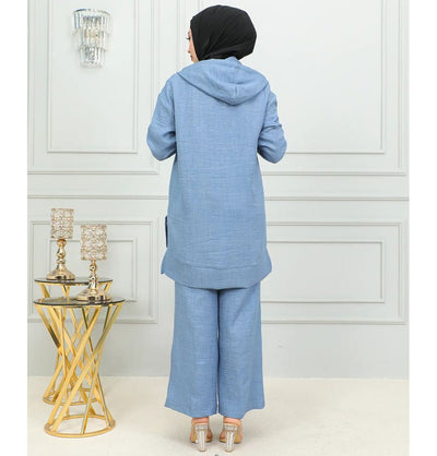 Modefa Modest Clothing Set Modest Muslim Women's Boho Hooded Tunic with Pants - 2492 Denim Blue
