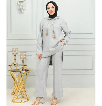 Modefa Modest Clothing Set Modest Muslim Women's Boho Hooded Tunic with Pants - 2492 Grey