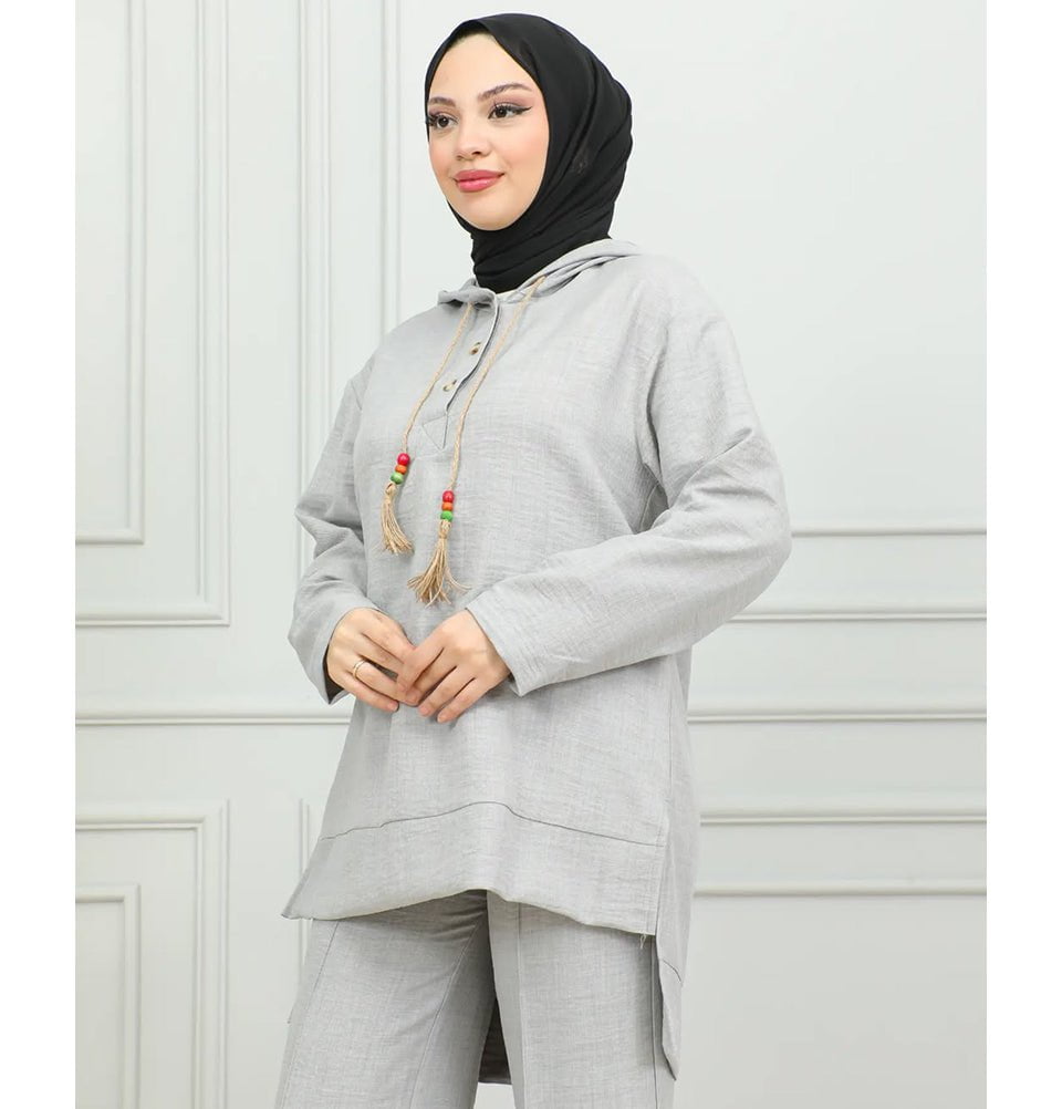 Modefa Modest Clothing Set Modest Muslim Women's Boho Hooded Tunic with Pants - 2492 Grey