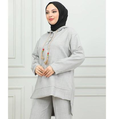 Modefa Modest Clothing Set Modest Muslim Women's Boho Hooded Tunic with Pants - 2492 Grey