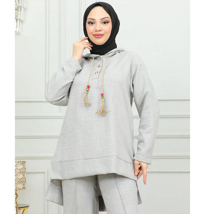 Modefa Modest Clothing Set Modest Muslim Women's Boho Hooded Tunic with Pants - 2492 Grey