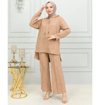 Modefa Modest Clothing Set Modest Muslim Women's Boho Hooded Tunic with Pants - 2492 Mink