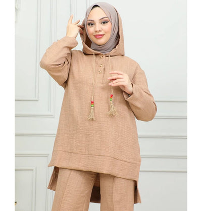 Modefa Modest Clothing Set Modest Muslim Women's Boho Hooded Tunic with Pants - 2492 Mink