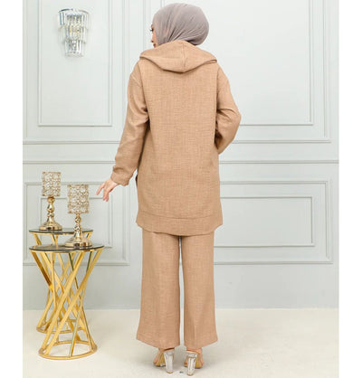 Modefa Modest Clothing Set Modest Muslim Women's Boho Hooded Tunic with Pants - 2492 Mink