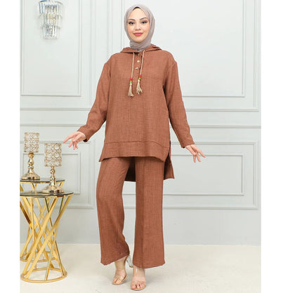 Modefa Modest Clothing Set Modest Muslim Women's Boho Hooded Tunic with Pants - 2492 Mocha