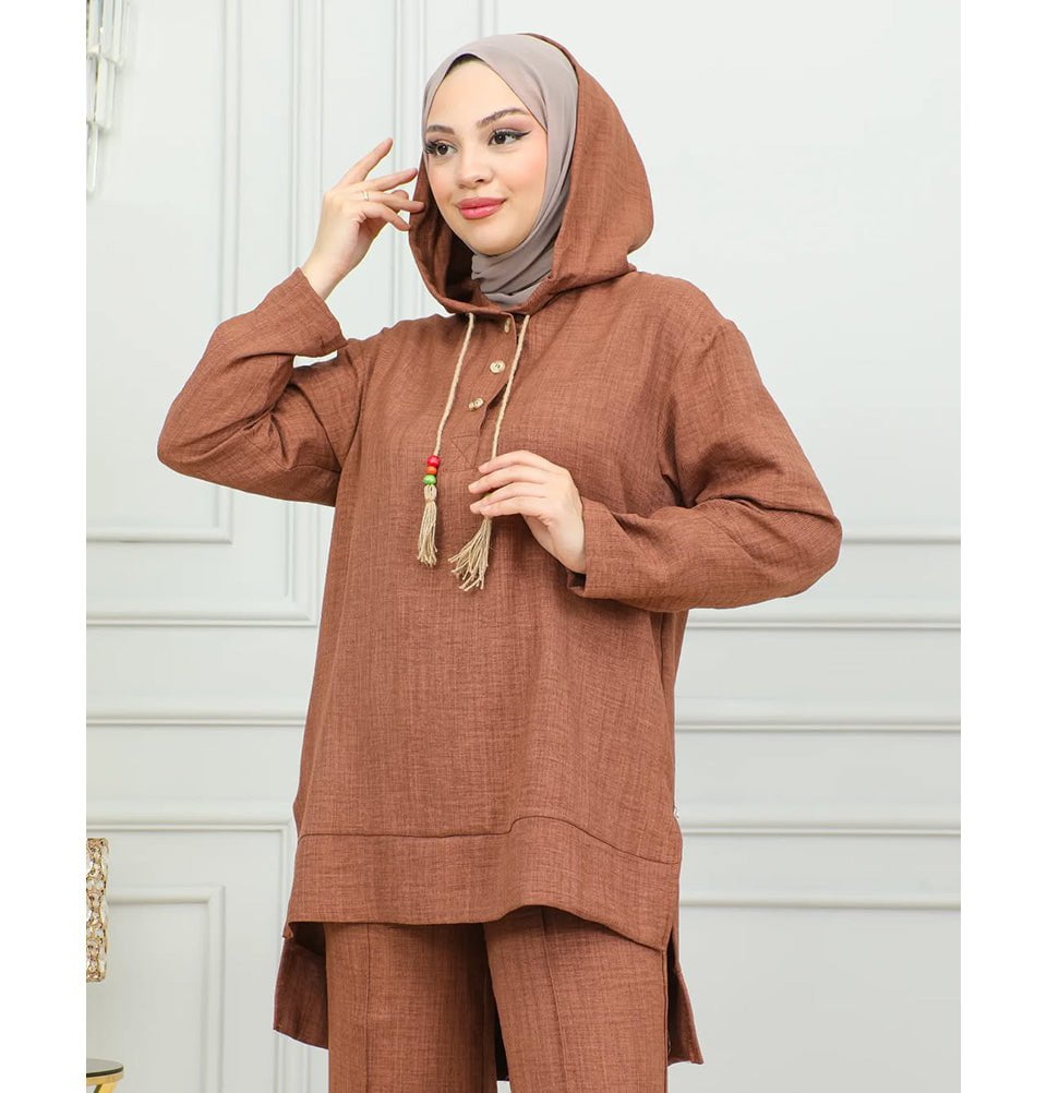 Modefa Modest Clothing Set Modest Muslim Women's Boho Hooded Tunic with Pants - 2492 Mocha