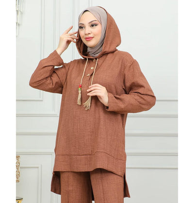 Modefa Modest Clothing Set Modest Muslim Women's Boho Hooded Tunic with Pants - 2492 Mocha