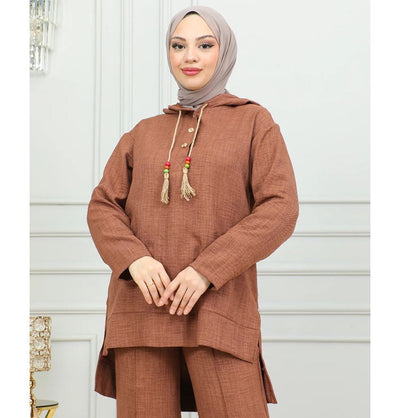 Modefa Modest Clothing Set Modest Muslim Women's Boho Hooded Tunic with Pants - 2492 Mocha