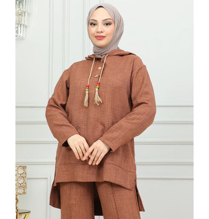 Modest Muslim Women's Boho Hooded Tunic with Pants - 2492 Mocha