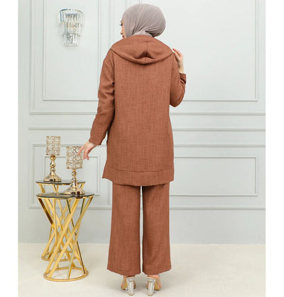 Modefa Modest Clothing Set Modest Muslim Women's Boho Hooded Tunic with Pants - 2492 Mocha