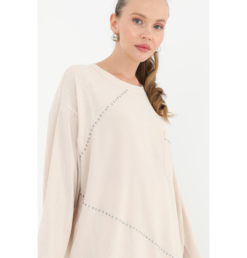 Modefa Modest Clothing Set Modest Muslim Women's Chic Tunic and Wide Legged Pants - 14198 Beige