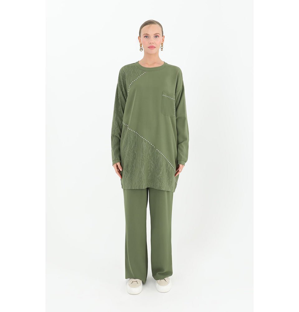 Modefa Modest Clothing Set Modest Muslim Women's Chic Tunic and Wide Legged Pants - 14198 Olive Green