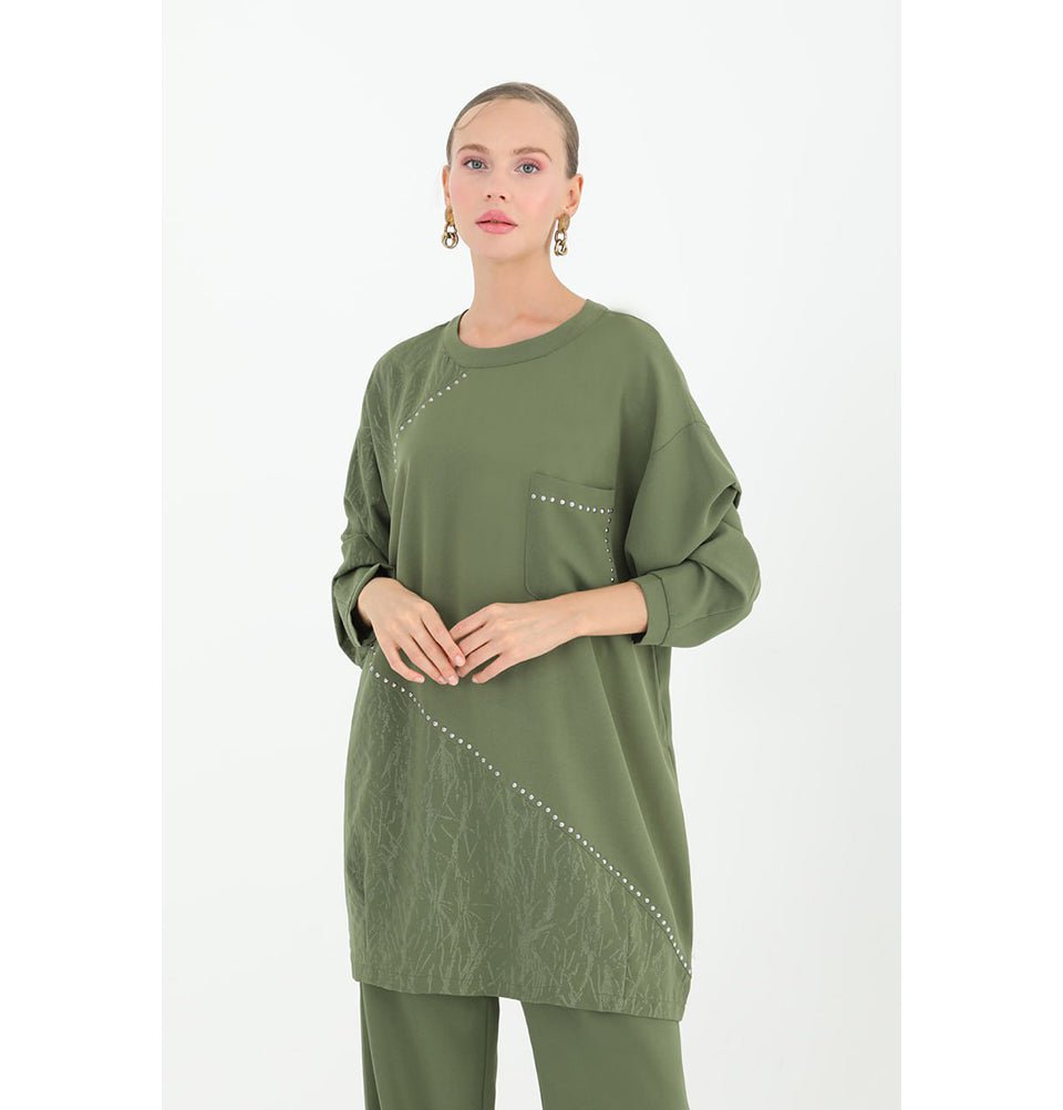 Modest Muslim Women's Chic Tunic and Wide Legged Pants - 14198 Olive G