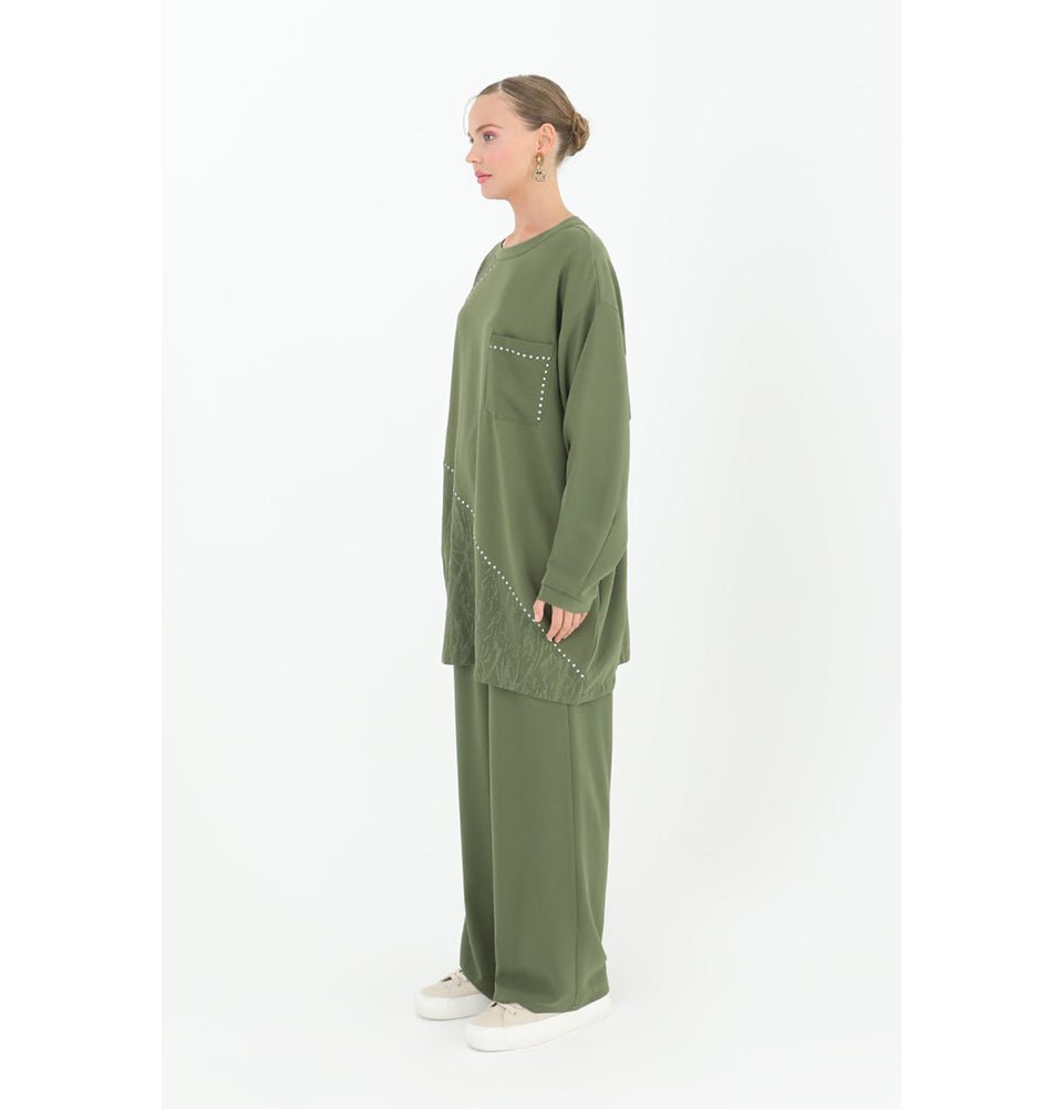 Modefa Modest Clothing Set Modest Muslim Women's Chic Tunic and Wide Legged Pants - 14198 Olive Green