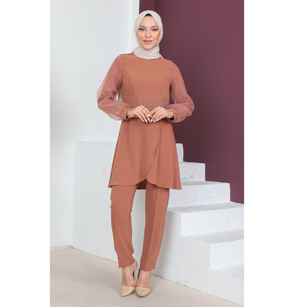 Modefa Modest Clothing Set Modest Muslim Women’s Classy Embellished Tunic with Tapered Pant Set - 9283 Cinnamon